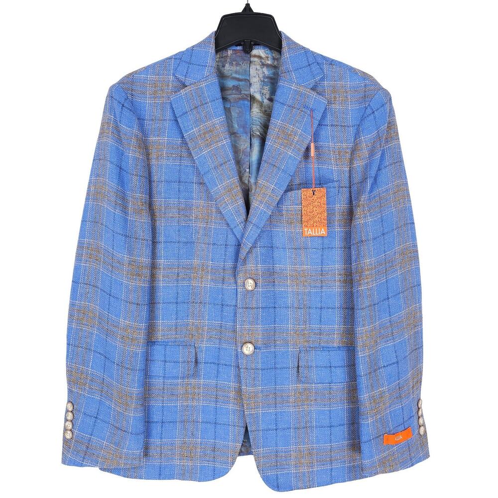 Tallia Mens Slim Fit Sport Coat Blazer 44R Blue Tan Plaid Stretch Linen Blend